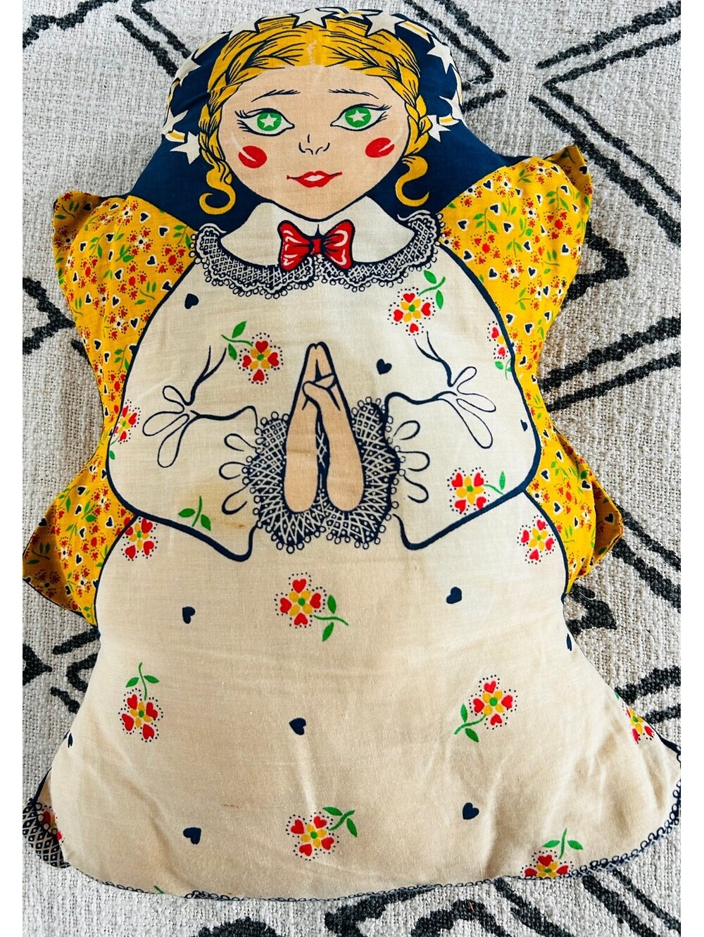 Vintage 70s Cut and Sew Fabric Praying Angel Pillow Doll Handmade Plush  17"
